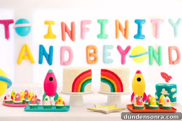 Arlo’s To Infinity and Beyond First Birthday Party Ideas 12 Rainbow cakes and balloons