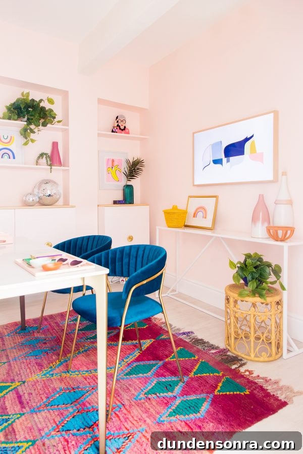 A room with a colorful rug and blue chairs