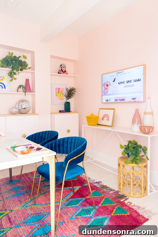 A room filled with blue chairs and a tv