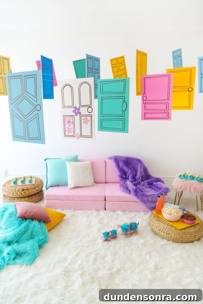 Pink couch with Monster's Inc inspired foam doors hanging above