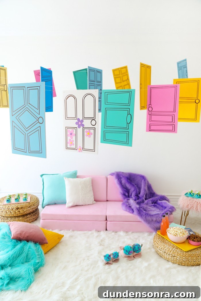 Pink couch with colorful Monster's Inc door decorations hanging above it on a white faux fur rug