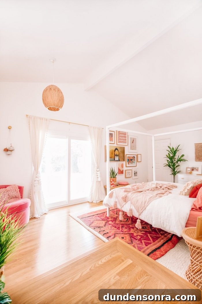 A bedroom filled with furniture and art
