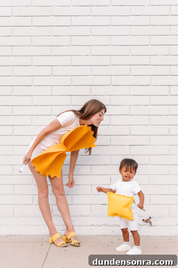 A woman and a child dressed as pasta