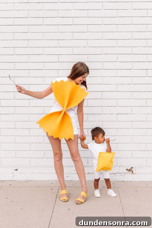 Woman and boy dressed as pasta