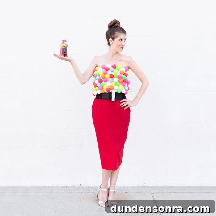 A woman dressed as a gumball machine