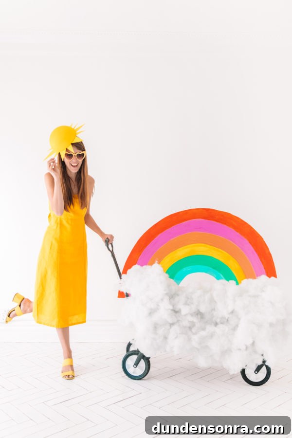 Creative DIY Weather-Themed Family Costume Ideas 18 Someone dressed as a sun pushing a rainbow in a cart