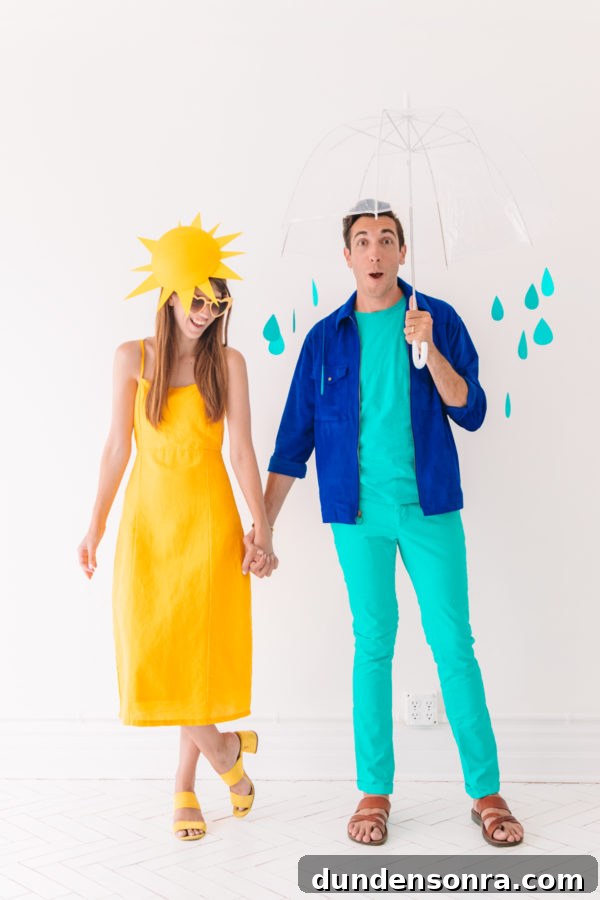Creative DIY Weather-Themed Family Costume Ideas 4 People dressed as the sun and rain