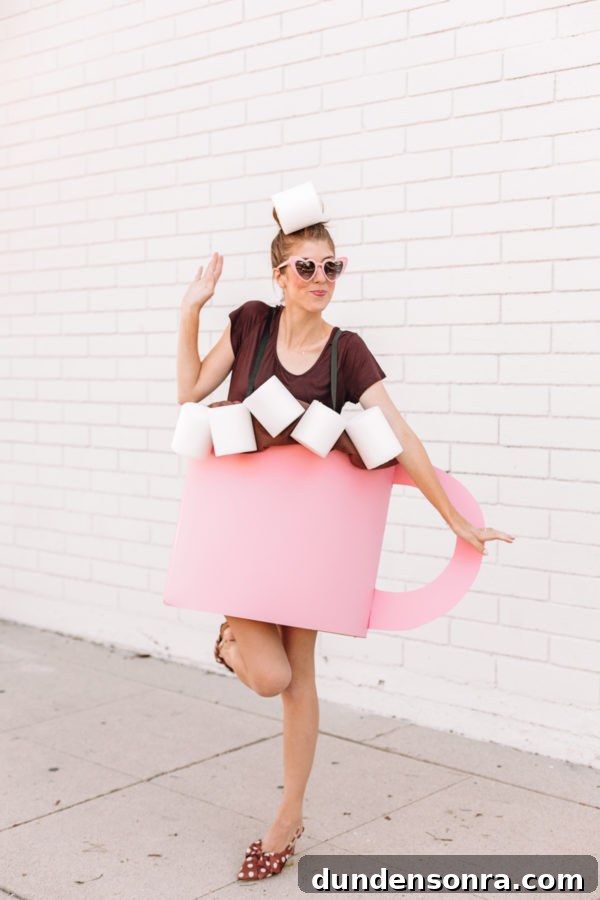 DIY Hot Chocolate Costume Ideas for Halloween and Cosplay 3 A woman standing in front of a building dressed as hot chocolate