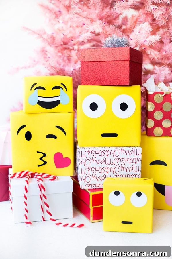 22 Festive Colorful Holiday DIYs for Bright Seasonal Decor 13 Emoji wrapping paper