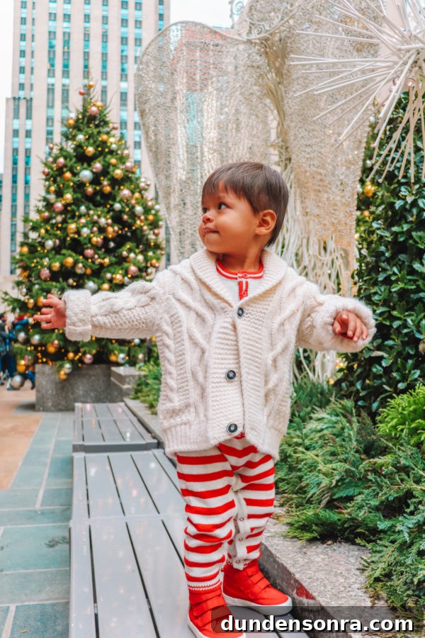 Arlo’s First Christmas in New York City: A Festive NYC Holiday Adventure 9 A little boy standing on a bench
