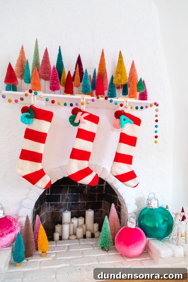 DIY Felted Striped Christmas Stockings: Step-by-Step Guide 12 Stockings on a mantle