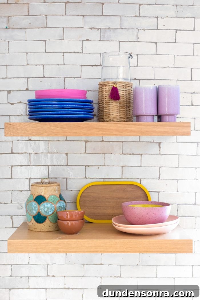 Kitchen Reveal: Before & After Remodel Tour of Our Home 16 Colorful Dishes on Kitchen Shelves