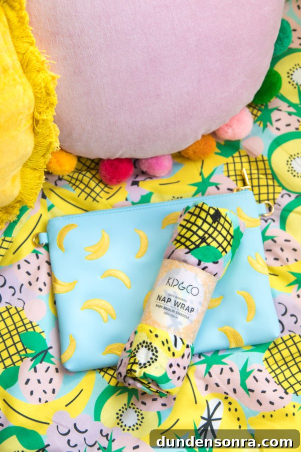 A banana clutch on a colorful blanket
