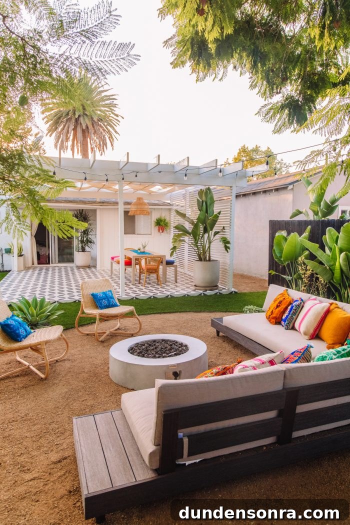 Colorful Outdoor Lounge Area with Fire Pit