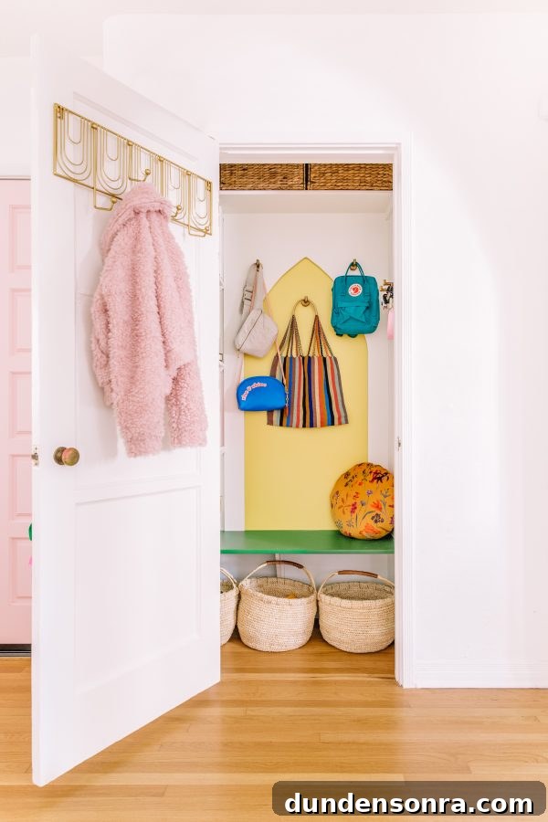 Closet with bags and baskets