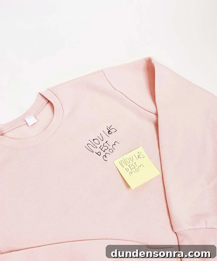 Pink sweatshirt with embroidery and post it note on top