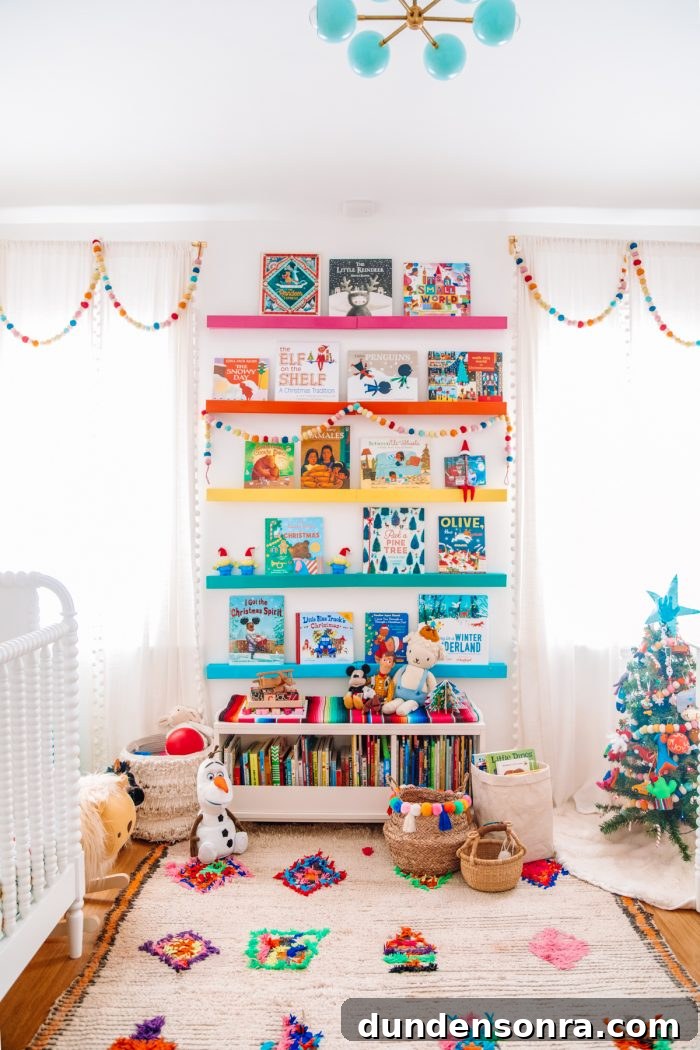 Step Inside Our Festive Holiday Home Tour 19 A bedroom with rainbow shelves