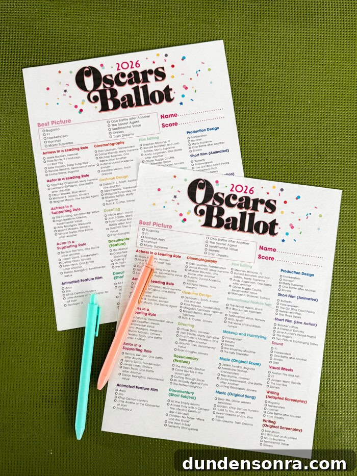 2026 Oscars ballot free printable on green table