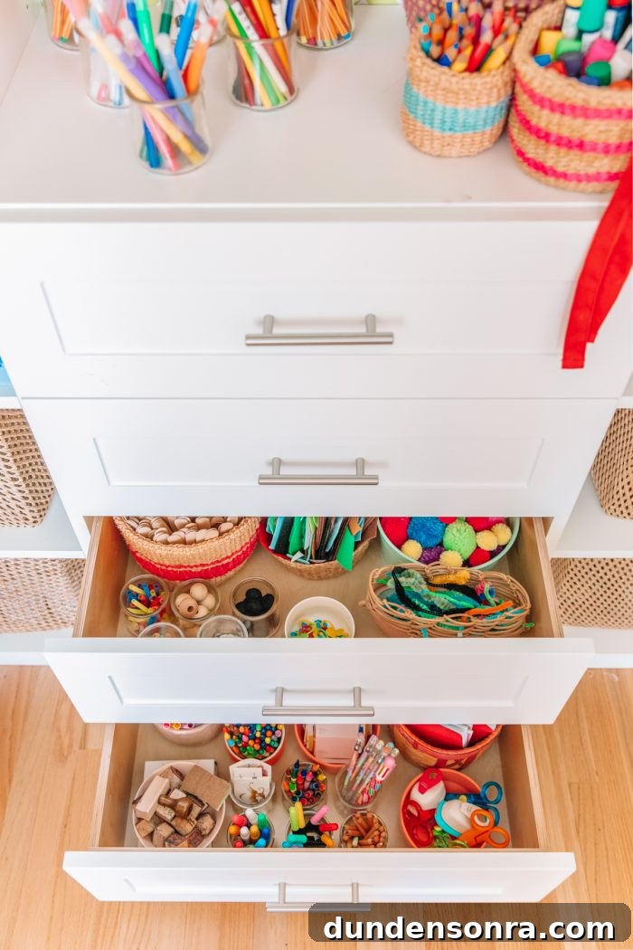 Top Kids Craft Supplies: What's in Our Craft Closet 8 Drawers with pens and pencils