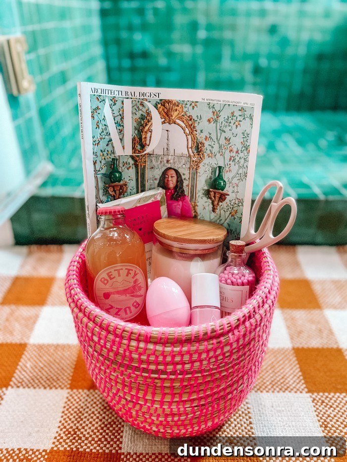 pink Easter basket filled with magazine, candle and scissors