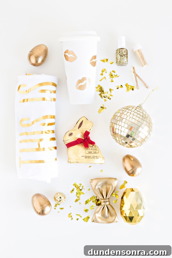 Gold-themed Easter basket fillers including a t shirt and chocolate. 