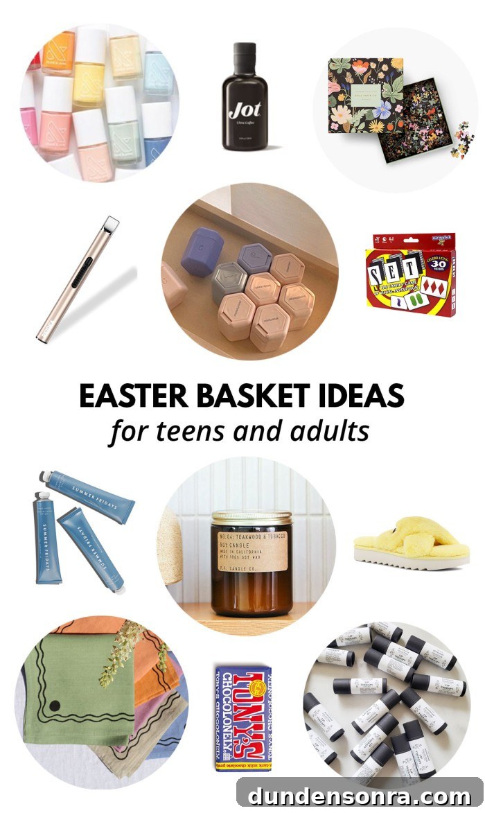 Collage of easter basket filler items with words "easter basket ideas for teens and adults"