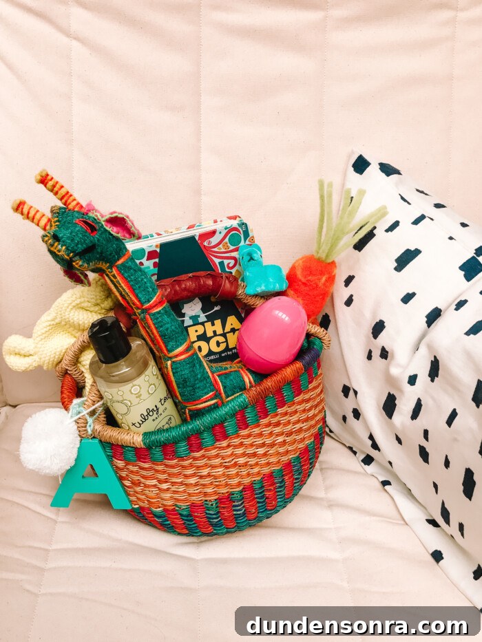 Woven basket with easter goodies in it next to a pillow.