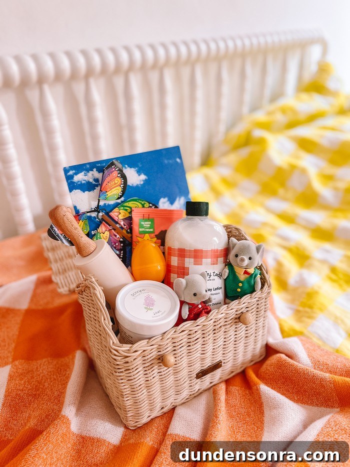 basket filled with items for easter on gingham bed sheet