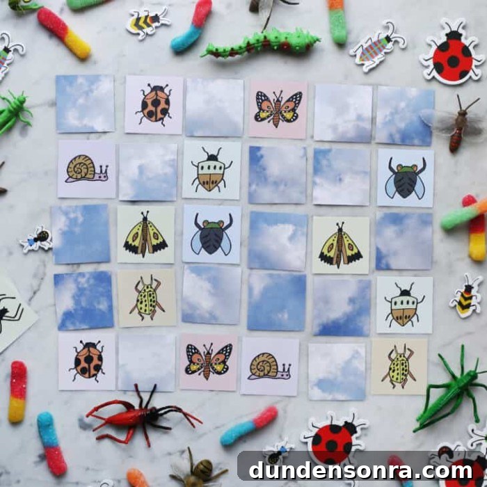 24 Fun Bug Crafts and Activities for Kids to Try Today 18 Insect memory game on a floor with toys.