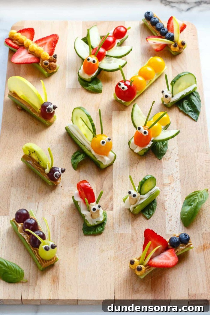 24 Fun Bug Crafts and Activities for Kids to Try Today 24 Fruit and vegetable bug snacks on a cutting board.
