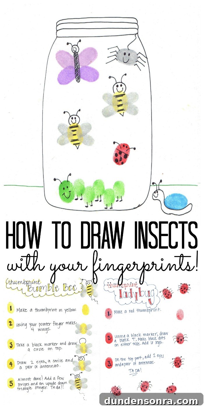 24 Fun Bug Crafts and Activities for Kids to Try Today 10 Drawing insects with fingerprints craft image.
