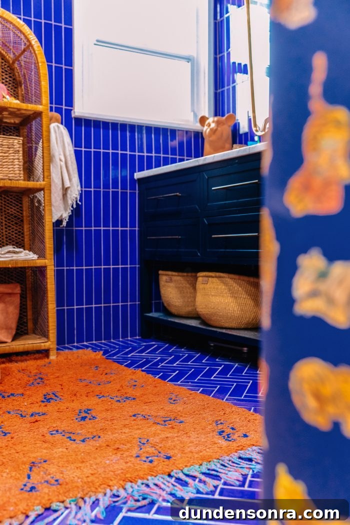 How to Clean Moroccan Rugs: Complete Guide for Safe Care 3 A blue bathroom with an orange rug