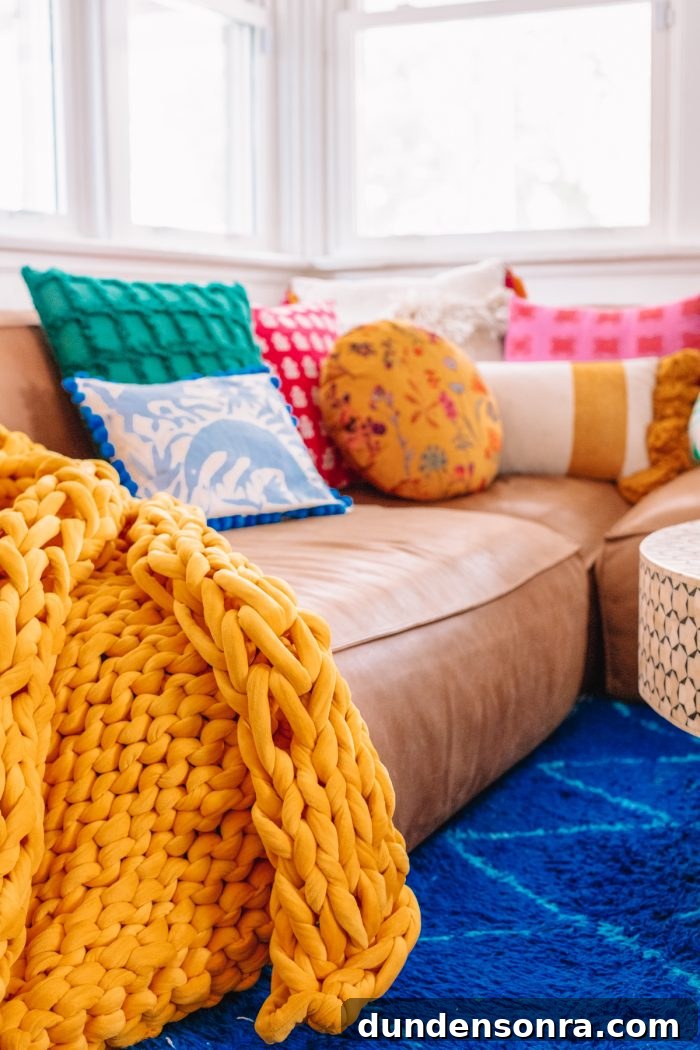 Leather Couch with Colorful Pillows