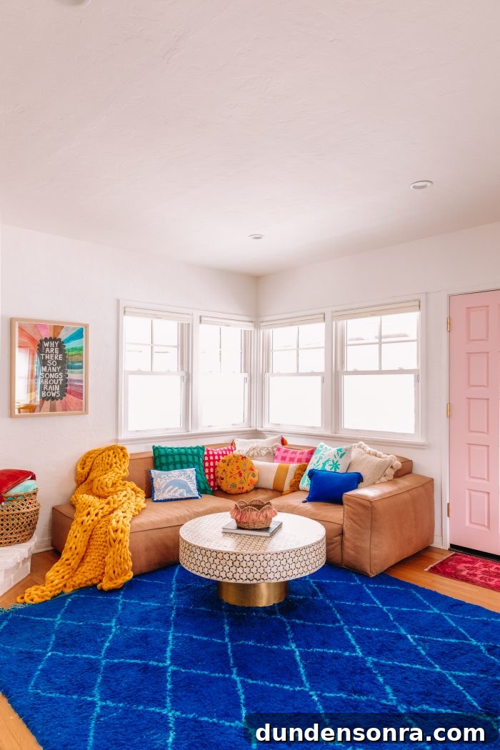 Colorful Living Room with a Leather Couch