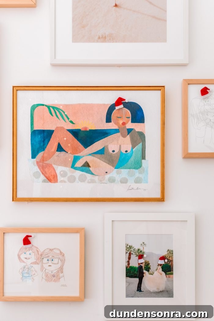 Photos on the wall with little Santa hats on their heads. 
