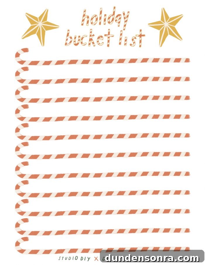 Graphic with "holiday bucket list" on top followed by lines of candy canes. 