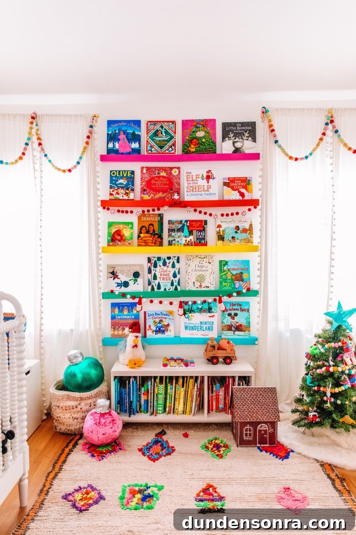 Photo of a child's room with a book self on the wall displaying Christmas books. 