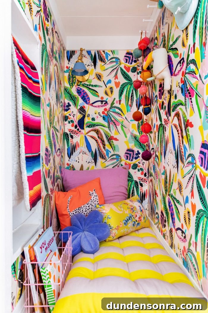 Cozy Reading Nook Makeover for Your Child’s Closet 2 A closer with colorful wallpaper