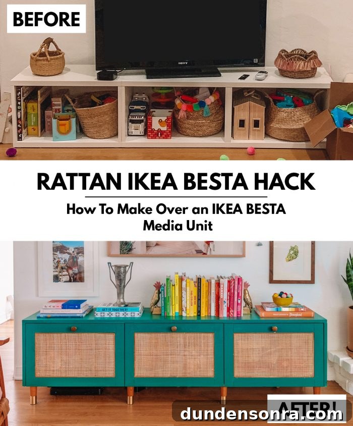 Rattan IKEA Besta TV Stand Makeover: Step-by-Step Hack 5 A before an after of a media unit