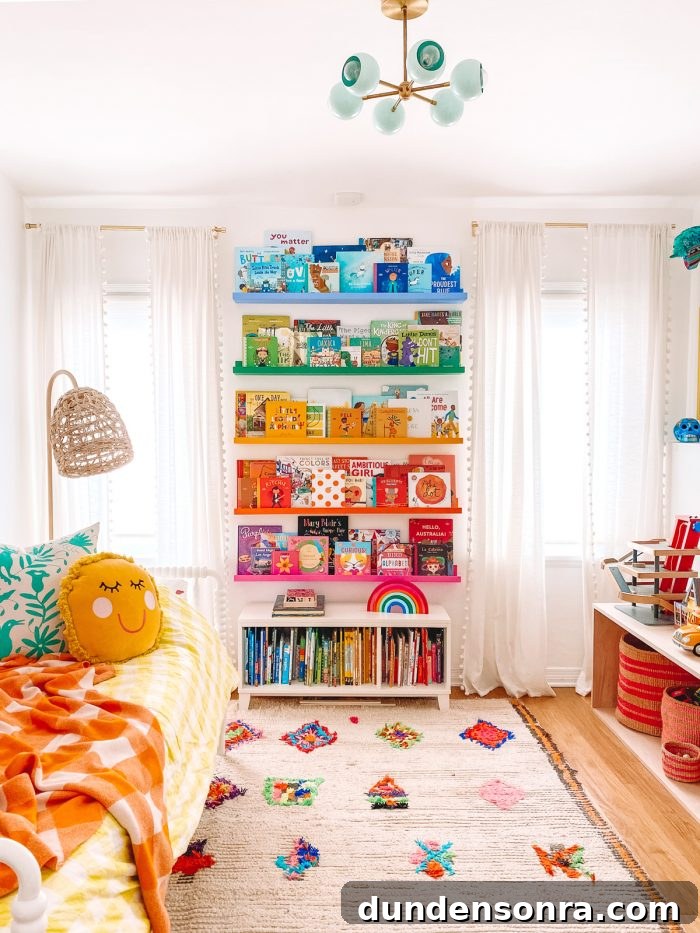 A bedroom with rainbow shelves 