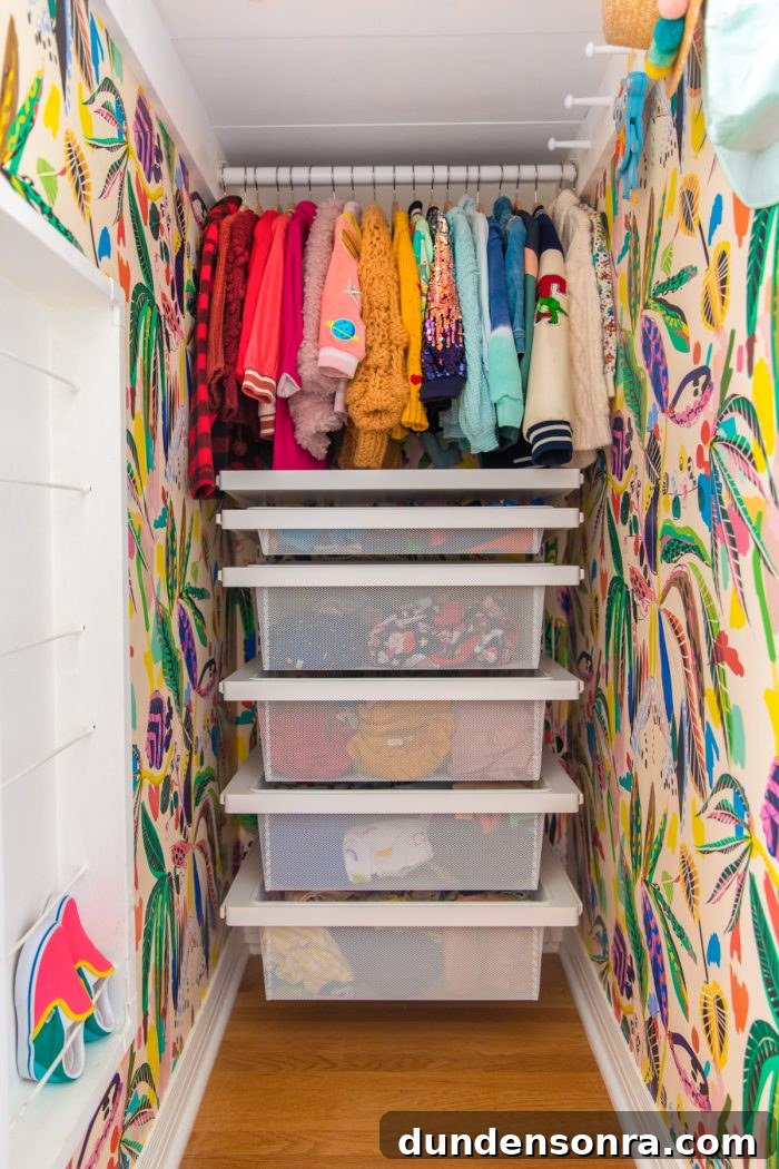 Long Narrow Kids Closet with Tropical Wallpaper