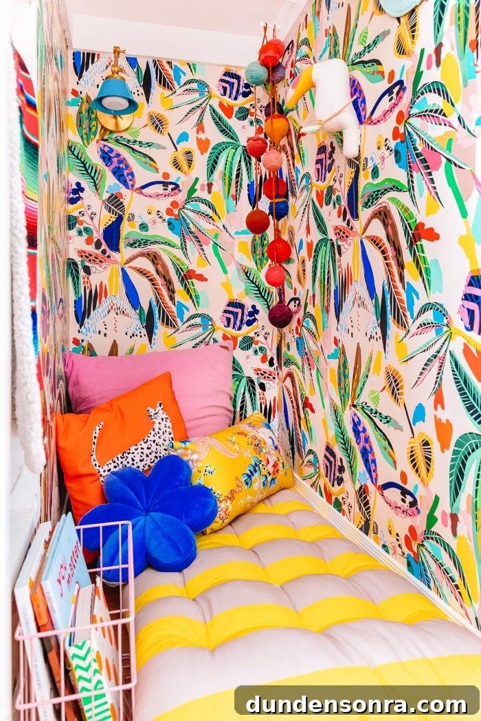 Closet with colorful wallpaper and pillows