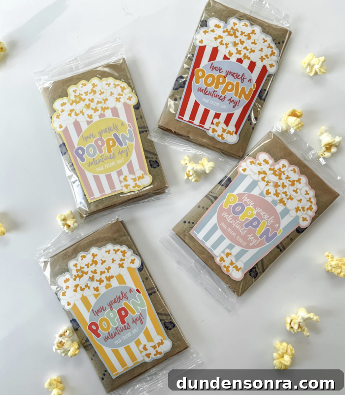 Popcorn packages with valentine stickers on them. 