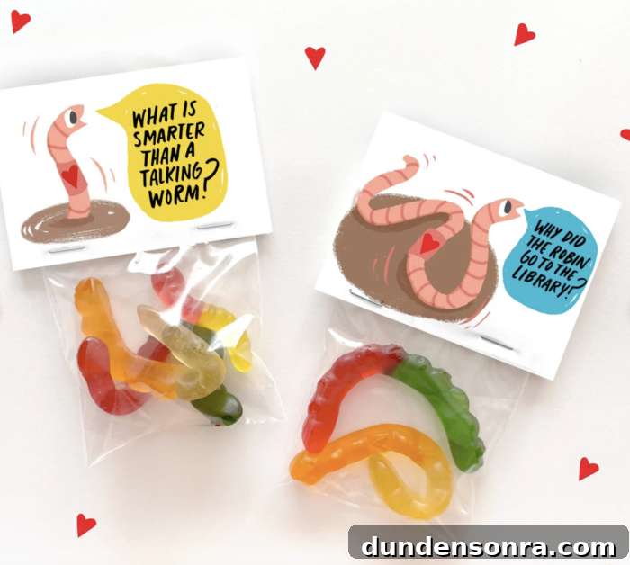 Gummy worm valentine's with packages of gummy worms attached. 
