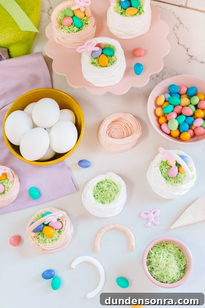 Easter basket with eggs in the making