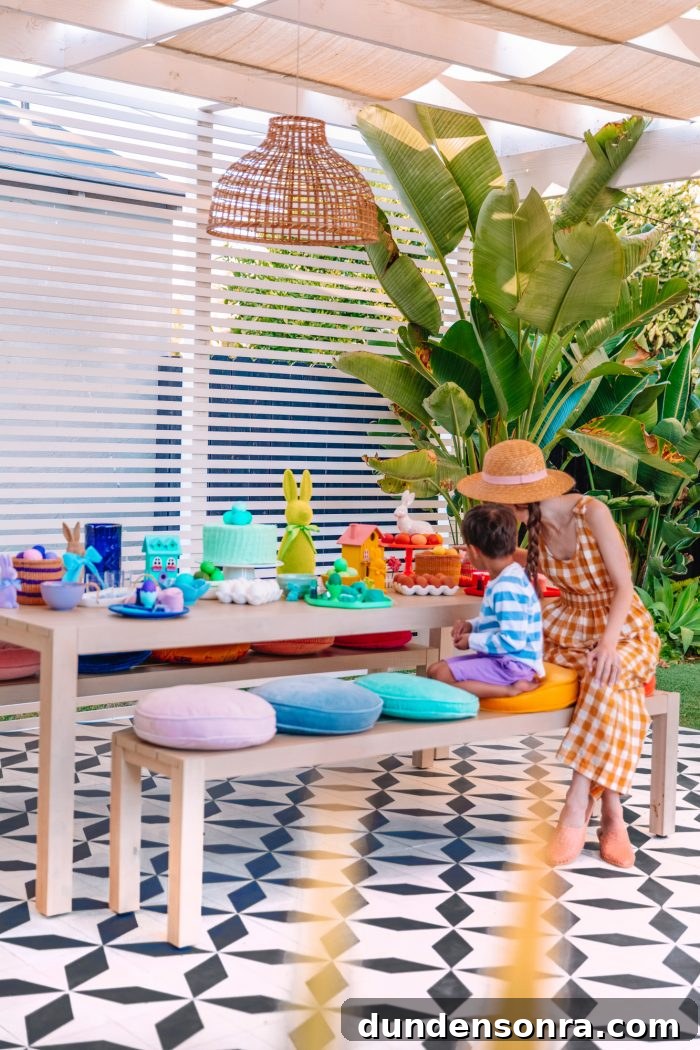 Table with Easter decorations and two people sitting