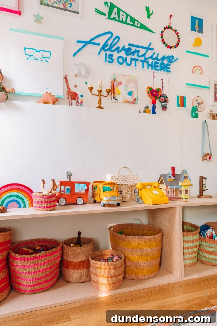 A room with colorful items on the shelf