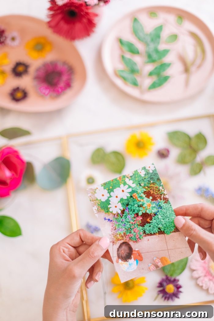 Quick Method to Press Flowers in Under 2 Minutes + DIY Keepsake Frames 12 Adding Photo to Pressed Flower Art