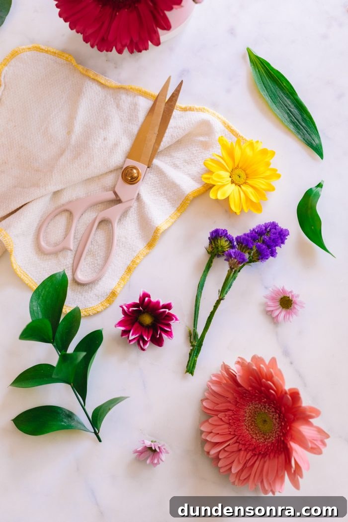 Quick Method to Press Flowers in Under 2 Minutes + DIY Keepsake Frames 6 Flowers, leaves, and scissors