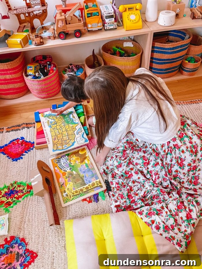 woman and child looking at puzzles
